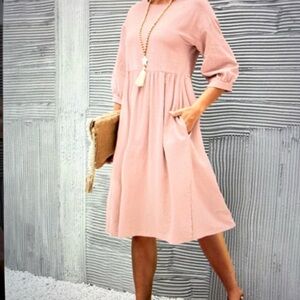 La Mode Woman Pink Pocket Empire- Waist Dress, Size Large